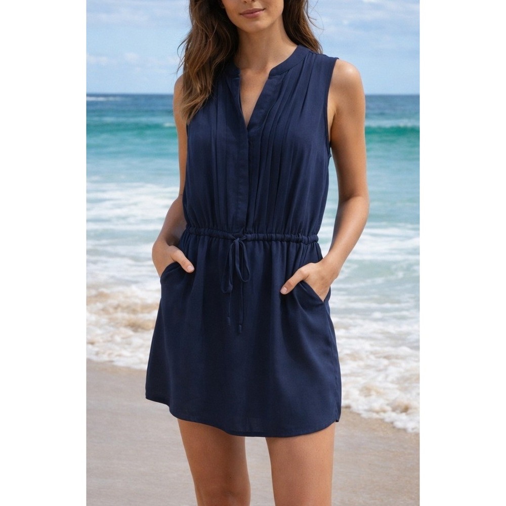 Gap Womens Navy Blue Pleated Sleeveless Drawstring Waist Mini Dress Size M